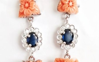 18 kt. White gold - Earrings - 50.30 ct Coral Sapphires ct 1.28 - Diamonds, ct 0.88