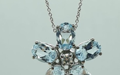 18 kt. White gold - Necklace with pendant - 0.06 ct Diamond - Aquamarine
