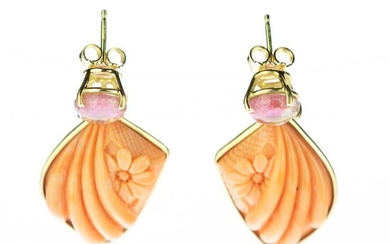 18 kt. White gold, Yellow gold - Earrings - 6.00 ct Tourmaline - coral