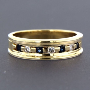 18 kt yellow gold ring set with sapphire and 3 brilliant cut diamonds of approx. 0.12 ct in total