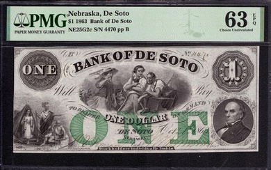 1863 $1 BANK OF DE SOTO NEBRASKA OBSOLETE NOTE PMG CHOICE UNC 63 EPQ