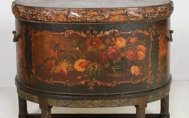 18th C Lift Lid Painted Demilune Commode