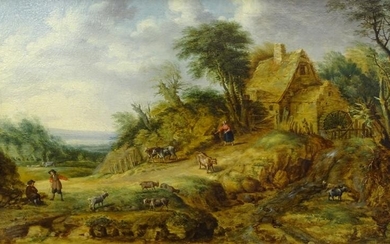 18thC/19thC Continental School. Rural landscape with figures, animals and...