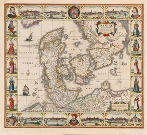 1907/45: Claes Janz Visscher: "Daniae Regni Typum". Map of Denmark. 1630. Handcoloured engraving. Sheet size 51 x 59 cm. Unframed.