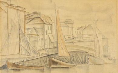 1921 Boris Grigoriev Mixed Media Dockside Drawing