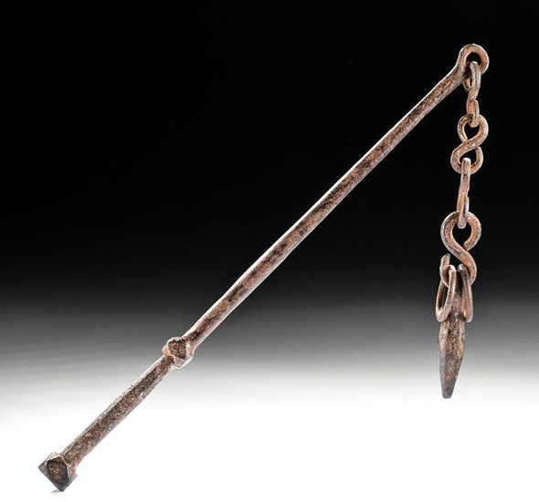 19th C. Chinese Iron Flail w/ Wooden Handle