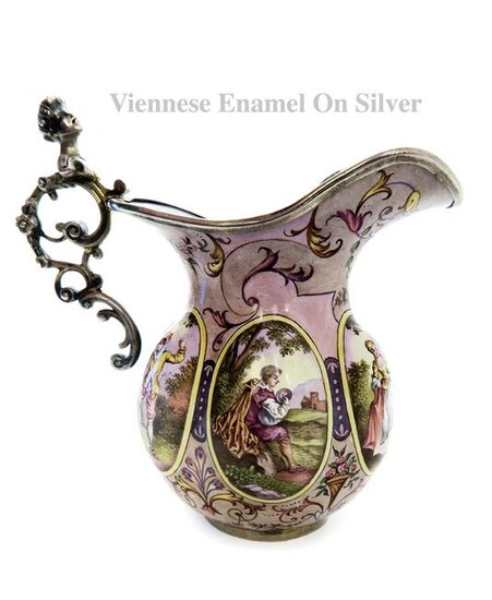 19th C. Figural Viennese Enamel On Silver Creamer