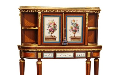 19th C. French Sevres Hand Painted Porcelain Plaques & Bronze Mounted Cabinet