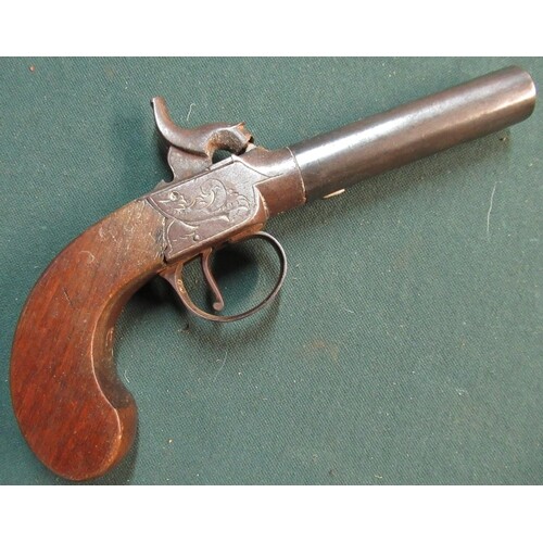 19th C percussion cap pocket pistol with 3 inch turn off bar...