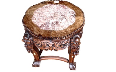 19th century Chinese carved hardwood table with marble top, pair Victorian dining chairs and Georgian-style dining chair with tapestry seat (4)