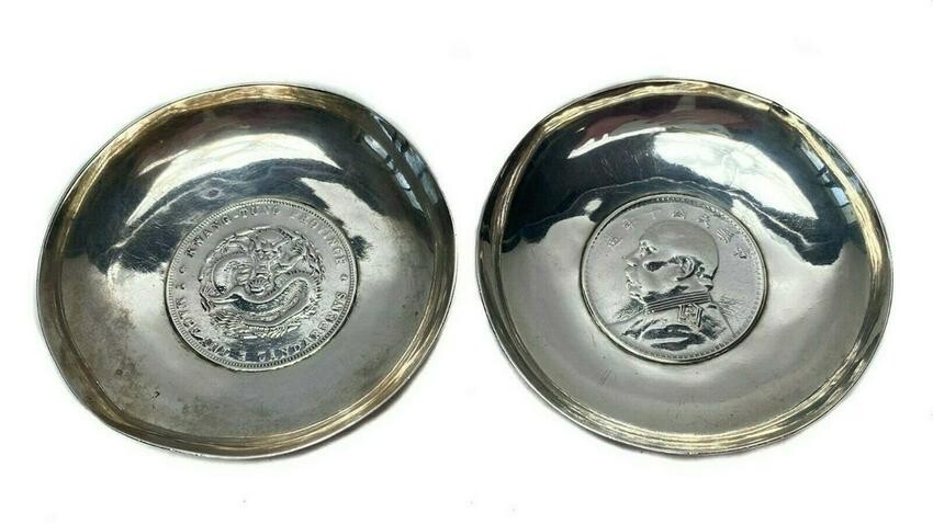 2 Chinese Silver Inset Coin Dishes Kwang-Tung Province