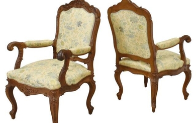 (2) LOUIS XV STYLE WALNUT UPHOLSTERED FAUTEUILS