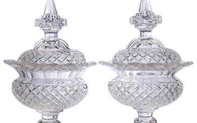 (2 Pc) Large Pair of Georgian Cut Glass Pedestal Footed Dishes W/ Lid