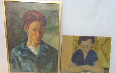 2 paintings, portraits on canvas, woman reading by table, 14" by 18" & portrait of a young man, 24"
