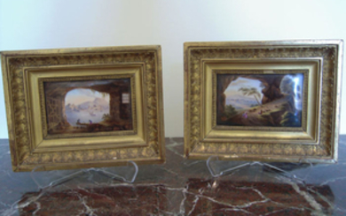 Two polychrome ceramic views of neapolitan landscapes, framed