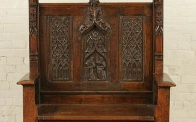 EARLY 19TH C. GOTHIC STYLE CARVED OAK BENCH