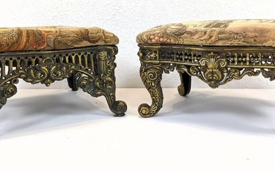 2pc Metal Tapestry Footstools Ottomans. Tapestry with p