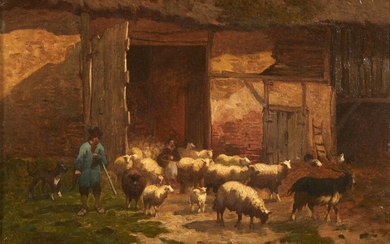 345 Louis ROBBE(1806-1887) La sortie des moutons Huile sur toile signée en bas à gauche...