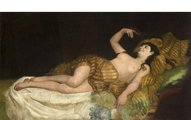 Maestro austriaco del XIX Secolo "Donna con il pappagallo" olio su tela (cm 121x200) Reca firma Courbet in basso a...