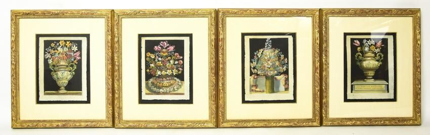 4 Hand Colored Framed Floral Etchings