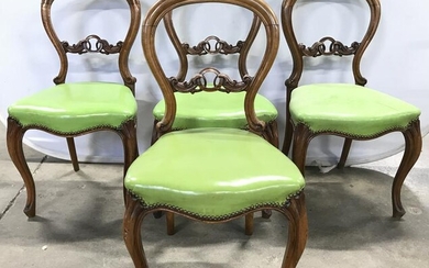 4 Vintage Wooden Leather Seat Balloon Back Chairs