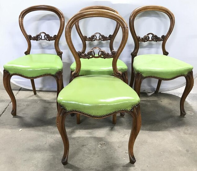 4 Vintage Wooden Leather Seat Balloon Back Chairs