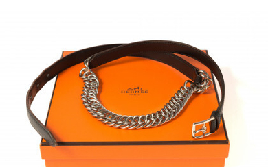 HERMES Black leather and linkchain belt, with original box size...