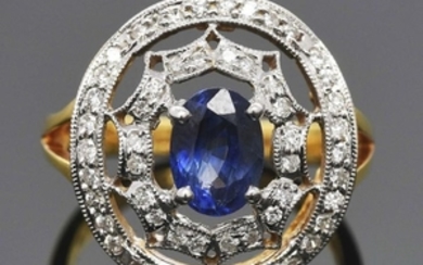 14K Yellow Gold Sapphire & Diamond Ring.