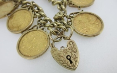 A 9ct gold charm bracelet with ten half sovereigns