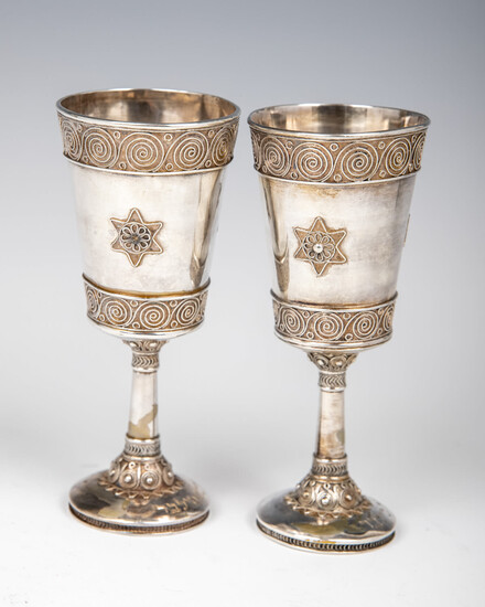 45. A PAIR OF EARLY SILVER KIDDUSH GOBLETS BY...