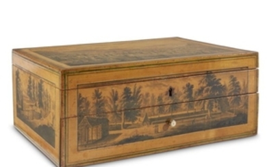 A Belgian grisaille and color-decorated sycamore "Spa" sewing box...