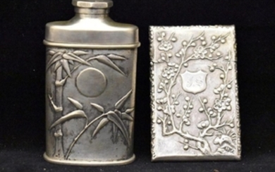 Chinese Export Silver Powder Flask and Card Case
