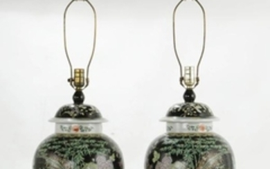 A pair of Chinese Famille Noir ginger jar lamps