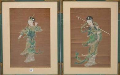 Pair of Chinese Watercolors on Silk, Quan Yin, 20 x 12