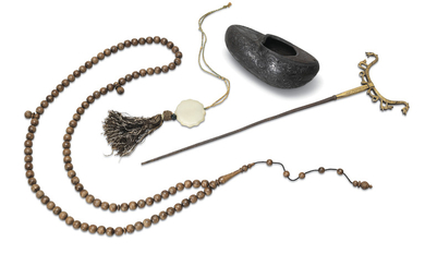 A COCO-DE-MER BEGGAR'S BOWL (KASHKUL), A GOLD DAMASCENED STEEL CRUTCH, ONE SET OF PRAYER BEADS (TASBIH), IRAN, 19TH CENTURY AND LATER