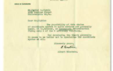 EINSTEIN, Albert (1879-1955). Typed letter signed (''A. Einstein'') to Daniel M. Lipkin, Princeton, 1 October 1952.