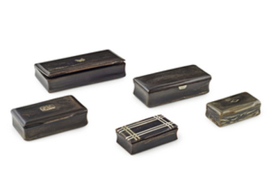 FIVE HORN SNUFF BOXES 19TH CENTURY each of rectangular...