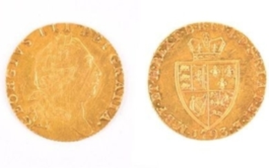 GEORGE III, 1760-1820. GUINEA, 1793 Obv: Laureate bust right. Rev: Crowned 'spade'-shaped shield. AEF. (1 coin)
