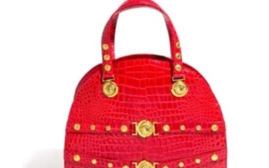 A Gianni Versace Red Croc Embossed Oversized Medusa Bag