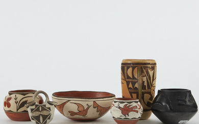 Grp: Pueblo Pottery, Hopi Cylinder Vase, Zia Bowl, Santa Clara Avanyu Pot