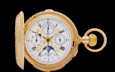 Henri Grandjean & Cie., Le Locle. A very finely chased and engraved 18K hunter cased minute repeating chronograph with perpetual calendar and moon phase for the Indian Market