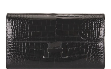 Hermès "So Black" Constance Long Wallet of Black Shiny Mississippiensis Alligator with Black PVC and Palladium Hardware