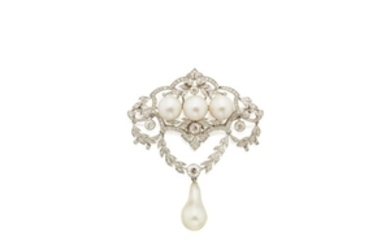 Natural Pearl, Cultured Pearl and Diamond Brooch