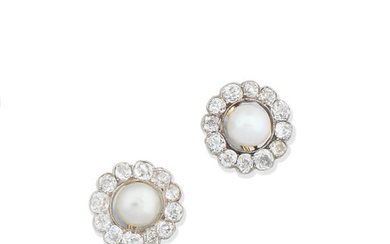 A pair of natural pearl and diamond cluster earrings