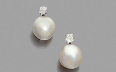 NATURAL PEARL EARRINGS A natural saltwater pearl, diamond and gold...