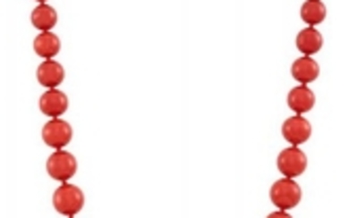 Oxblood Coral Bead Necklace with Gold and Coral Bead Clasp