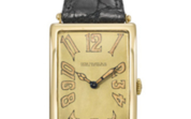Patek Philippe. A very fine and rare oversized 18K gold rectangular curved hinged wristwatch with luminous ''Explosion'' numerals, SIGNED PATEK PHILIPPE & CO., GENEVA-SWITZERLAND, REF. 10, MOVEMENT NO. 154’046, CASE NO. 283’852, MANUFACTURED IN 1909
