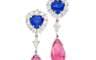 Pair of Platinum, Sapphire, Diamond and Pink Tourmaline Briolette Pendant-Earclips