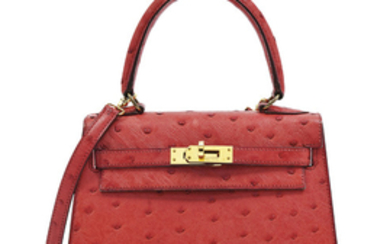 A ROUGE VIF OSTRICH SELLIER MINI KELLY 20 WITH GOLD HARDWARE, HERMÈS, 1991