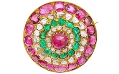 A ruby, emerald and diamond brooch
